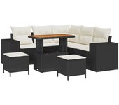 Conjunto de sofá de jardín de 8 piezas con cojines negro ratán, conjunto de comedor de jardín de 3 piezas con cojines negro ratán