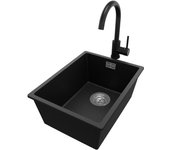 Primagran fregadero granito negro metallic 36x47cm, fregadero cocina 1 seno + sifón + accesorios, fregadero sobre encimera al mueble 40cm