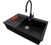 Primagran fregadero granito negro 78x50cm, fregadero cocina 1 seno + sifón + accesorios, fregadero sobre encimera al mueble 80cm - oslo