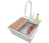Primagran fregadero granito todo blanco 48x53cm, fregadero cocina 1 seno + sifón + accesorios, fregadero sobre encimera al mueble 50cm - oslo pocket