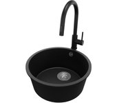 Primagran fregadero granito circular negro metallic 46x46cm, fregadero cocina 1 seno + sifón + accesorios, fregadero sobre encimera al mueble 50cm