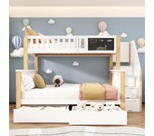 Blanco + roble claro literas dobles para niños 90 * 200 / 140 * 200 con pizarra y cajones sin colchón