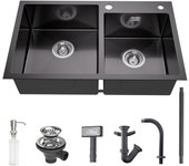 Fregadero cocina 2 bandejas 75x45x19cm fregadero negro inoxidable para cocina fregadero empotrado con distribuidor jabón y juego escurridor