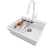 Primagran fregadero granito blanco 58x53cm, fregadero cocina 1 seno + sifón + accesorios, fregadero sobre encimera al mueble 60cm - oslo max