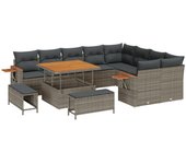Conjunto de sofás de jardín de 12 piezas con cojines gris poliratán acacia, conjunto de comedor de jardín de 3 piezas con cojines gris poliratán acaci