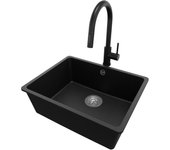 Primagran fregadero bajo encimera negro metallic 56x44cm, fregadero granito 1 seno + sifón + accesorios, fregadero cocina al mueble 60cm