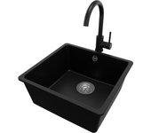 Primagran fregadero granito negro 46x44cm, fregadero cocina 1 seno + sifón + accesorios, fregadero sobre encimera al mueble 50cm - venecia slim easy