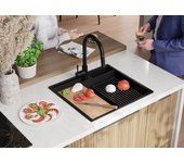 Primagran fregadero granito negro metallic 58x53cm, fregadero cocina 1 seno + sifón + accesorios, fregadero sobre encimera al mueble 60cm