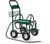 Carro dispensador para manguera de riego sobre ruedas para jardín, con cesta de almacenamiento, de marco metálico resistente, 96 x 62 x 113 cm, verde