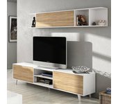 Sistema de pared buffalo, mueble de salón con soporte para tv, composición de salón con mueble alto, 180x41h51 cm, blanco y roble