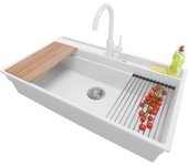 Primagran fregadero granito blanco 88x53cm, fregadero cocina 1 seno + sifón + accesorios, fregadero sobre encimera al mueble 90cm - oslo pocket