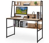 Mesa de trabajo para ordenador, con estantería y 3 compartimentos, escritorio con amplia superficie de trabajo y patas ajustables, 120x57x140