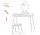 Tocador para niñas con espejo y taburete, luces led de 3 colores, escritorio infantil 2 en 1 con almacenaje, tocador de maquillaje con accesorios de