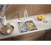 Primagran fregadero cocina blanco 48x50cm, fregadero granito 1 seno + sifón + enrollable escurridor, fregadero sobre encimera al mueble 50cm - oslo