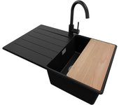 Primagran fregadero granito negro 78x50cm, fregadero cocina 1 seno + sifón + accesorios, fregadero sobre encimera al mueble 45cm - copenhague