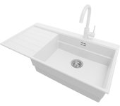 Primagran fregadero granito blanco 90x50cm, cocina 1 seno + grifo 32x20cm + sifón, sobre encimera al mueble 60cm - sydney