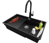 Primagran fregadero granito negro metallic 76x47cm, fregadero cocina 1 seno + sifón + accesorios, fregadero sobre encimera al mueble 80cm