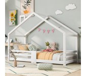 Cama casa para niños 90x200 cm de madera de pino con protección anticaídas y somier, cama infantil blanca