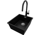 Primagran fregadero bajo encimera negro 41x47cm, fregadero granito 1 seno + grifo 40x22cm + sifón, fregadero cocina al mueble 45cm - london