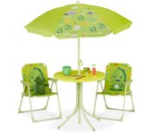 Relaxdays mobiliario infantil jardín, estampado monstruo, sombrilla de playa, sillas plegables, mesa para niños, verde