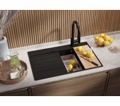 Primagran fregadero cocina negro metallic 78x50cm, fregadero granito 1 seno + sifón + accesorios, fregadero sobre encimera al mueble 45cm - sydney
