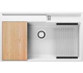 Primagran fregadero cocina blanco 88x53cm, fregadero granito 1 seno + sifón + accesorios, fregadero sobre encimera al mueble 90cm - oslo pocket