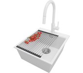 Primagran fregadero granito blanco 43x50cm, fregadero cocina 1 seno + sifón + accesorios, fregadero sobre encimera al mueble 45cm - oslo