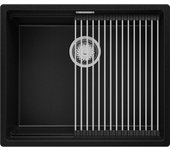 Primagran fregadero bajo encimera negro 56x47cm, fregadero cocina 1 seno + sifón + enrollable escurridor, fregadero granito al mueble 60cm - prague