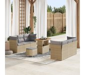 Conjunto de sofá de jardín de 9 piezas con cojines beige de ratán poliéster acacia, conjunto de comedor de jardín de 3 piezas con cojines beige de rat