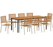 Vidaxl conjunto de comedor de jardín de 9 piezas poliratán beige acacia, sillas de jardín apilables de vidaxl con cojines - conjunto de 2 en poliratán