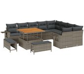 Conjunto de sofá de jardín de 12 piezas con cojines gris poliratán acacia, conjunto de comedor de jardín de 3 piezas con cojines gris poliratán acacia