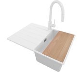 Primagran fregadero granito blanco 70x50cm, fregadero cocina 1 seno + sifón + accesorios, fregadero sobre encimera al mueble 40cm - copenhague