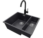 Primagran fregadero granito grafito 56x47cm, fregadero cocina 1,5 senos + sifón + accesorios, fregadero sobre encimera al mueble 60cm