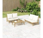 Vidaxl banco de jardín de bambú con cojines blanco crema