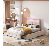 Cama individual tapizada 90*200 cm con luces led - 2 cajones - lino - beige
