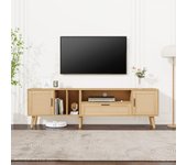Mueble de tv de 180 cm con puertas y cajón de ratán, patas de madera maciza, gran almacenamiento para pantalla de 80 pulgadas - 180×54×40 cm