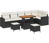 Conjunto de sofá de jardín de 9 piezas con cojines negros de poliratán acacia, conjunto de comedor de jardín de 3 piezas con cojines negros de polirat