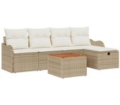Conjunto de sofá de jardín de 6 piezas con cojines beige de poliratán, conjunto de sofá de jardín de 2 plazas con cojines beige de poliratán