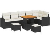 Conjunto de sofá de jardín de 9 piezas con cojines negro poliratán acacia, conjunto de comedor de jardín de 3 piezas con cojines negro poliratán acaci