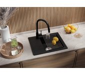 Primagran fregadero cocina negro metallic 55x44cm, fregadero granito 1 seno + sifón, fregadero sobre encimera al mueble 45cm - copenhague easy