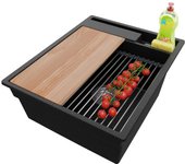 Primagran fregadero cocina negro metallic 43x53cm, fregadero granito 1 seno + sifón + accesorios, fregadero sobre encimera al mueble 45cm