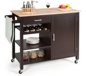 Carrito de cocina con encimera, isla de cocina móvil de madera con cajones, toallero, estante para botellas de vino, carrito de servir, (marrón)