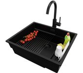 Primagran fregadero granito todo negro 56x47cm, fregadero cocina 1 seno + sifón + accesorios, fregadero sobre encimera al mueble 60cm - prague slim