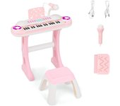 Teclado piano infantil de 37 teclas, teclado electrónico con taburete, atril, micrófono y luz, piano digital de juguete con 8 ritmos y 8 sonidos para