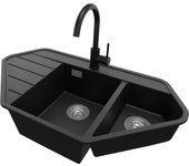 Primagran fregadero granito de esquina negro metallic 90x50cm, fregadero cocina 1,5 senos + accesorios, fregadero sobre encimera al mueble 80cm