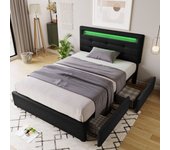 Estructura de cama con iluminación led y 2 cajones, cama individual tapizada 90x200cm, cabecero regulable en altura