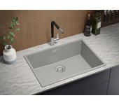 Primagran fregadero cocina gris 66x47cm, fregadero granito 1 seno + sifón, fregadero sobre encimera al mueble 70cm - london slim
