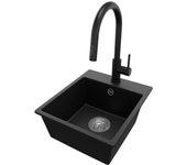 Primagran fregadero granito negro metallic 38x44cm, fregadero cocina 1 seno + sifón + accesorios, fregadero sobre encimera al mueble 40cm - riga easy