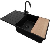 Primagran fregadero granito todo negro 90x50cm, fregadero cocina 1 seno + sifón + accesorios, fregadero sobre encimera al mueble 60cm - copenhague