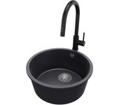 Primagran fregadero granito circular grafito 46x46cm, fregadero cocina 1 seno + sifón + accesorios, fregadero sobre encimera al mueble 50cm